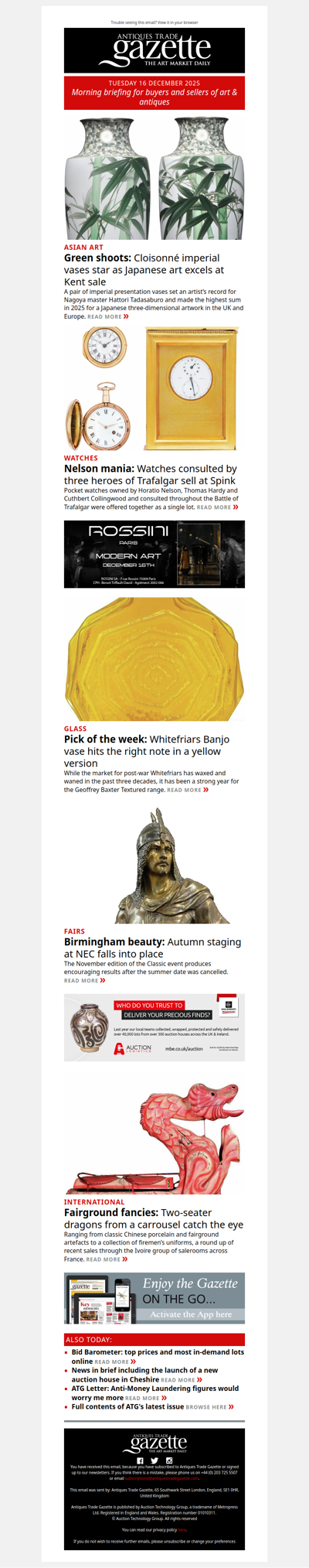 Japanese imperial vases set artist’s record | Nelson’s Trafalgar watch sells at auction | Fairground artefacts attract buyers | plus more news and features in ATG's morning briefing