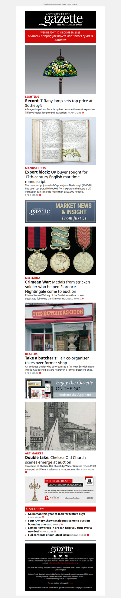 Auction record for Tiffany lamp | Important explorer’s journal blocked from export | Medals from Florence Nightingale’s aid come to auction | plus more news and features in ATG's midweek briefing