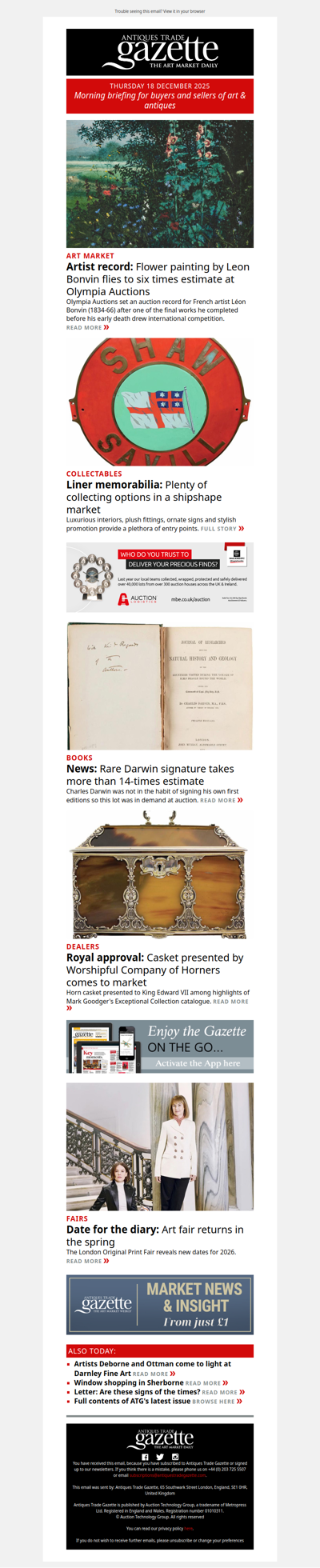 Record price for tragic French artist | Darwin’s signature propels book to 14-times estimate | Liner memorabilia makes waves | plus more news and features in ATG's morning briefing