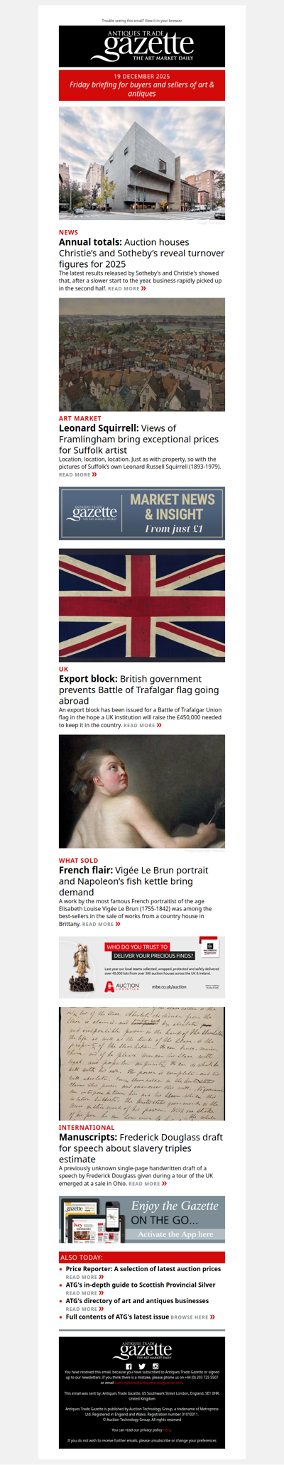 Sotheby’s and Christie’s reveal turnover figures | British government blocks export of Trafalgar flag | Exceptional prices for Suffolk artist Leonard Squirrell | plus more news and features in ATG's Friday briefing
