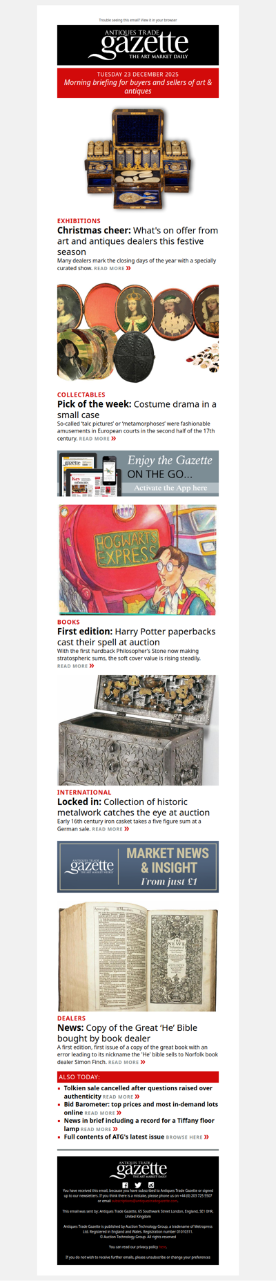 Small ‘talc pictures’ prove highly sought after | Harry Potter paperbacks cast spell | 16th century iron casket unlocks bidders | plus more news and features in ATG's morning briefing