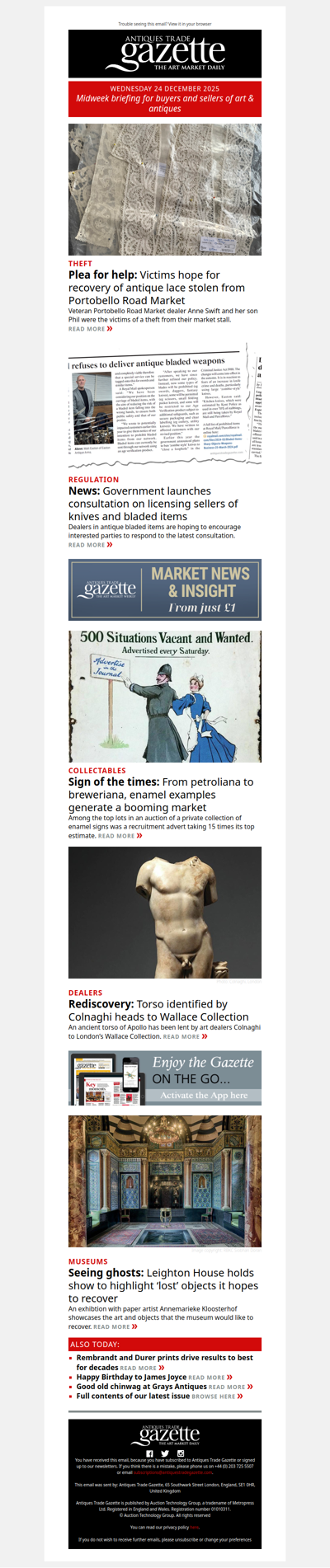 Antique lace stolen from Portobello dealer | Government launches latest consultation on bladed items | Leighton House renews quest to find ‘lost objects’ | plus more news and features in ATG's midweek briefing