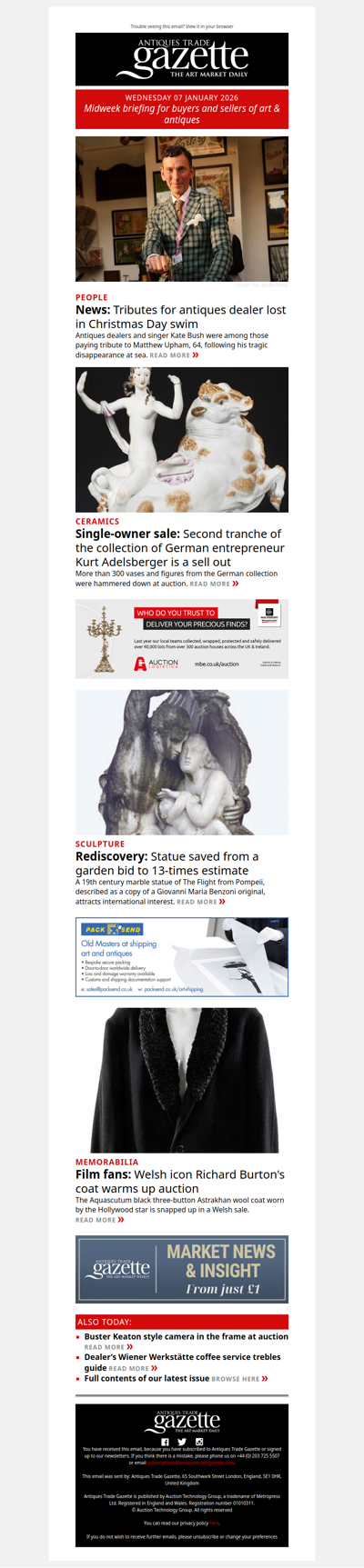 Tributes for antiques dealer lost at sea | Statue saved from garden bid to 13-times estimate | Sell-out single-owner ceramics sale | plus more news and features in ATG's midweek briefing