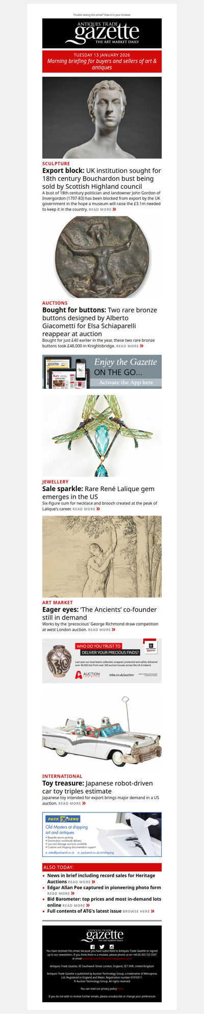 Rediscovered Giacometti buttons make windfall for vendor | Export block on Bouchardon bust | Rare René Lalique gem emerges | plus more news and features in ATG's morning briefing
