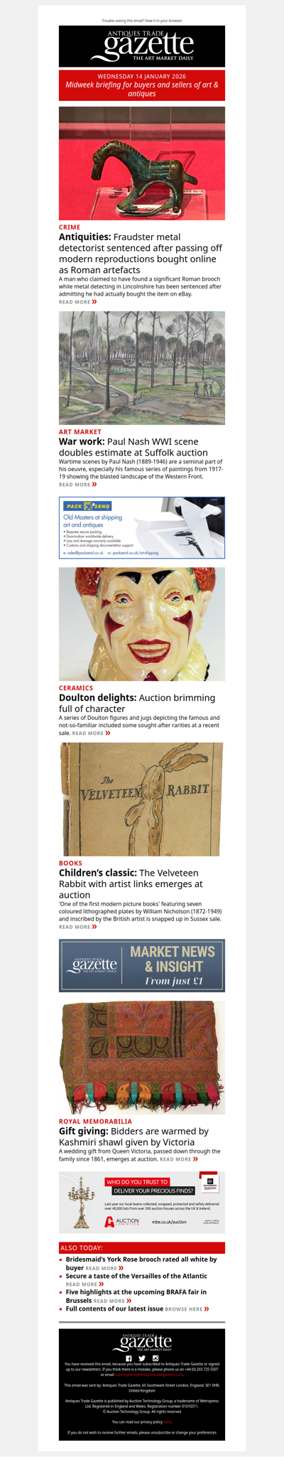 Fraudster metal detectorist sentenced | Paul Nash WW1 scene doubles estimate at Suffolk auction | Doulton character figures and jugs still in demand at auction | plus more news and features in ATG's midweek briefing