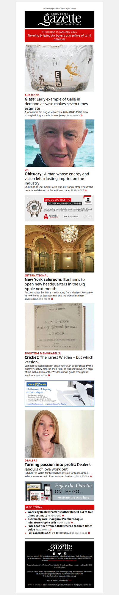 Early Gallé vase makes seven times estimate | Obituary of IACF chairman Keith Harris | Bonhams to open New York headquarters next month | plus more in ATG's morning briefing
