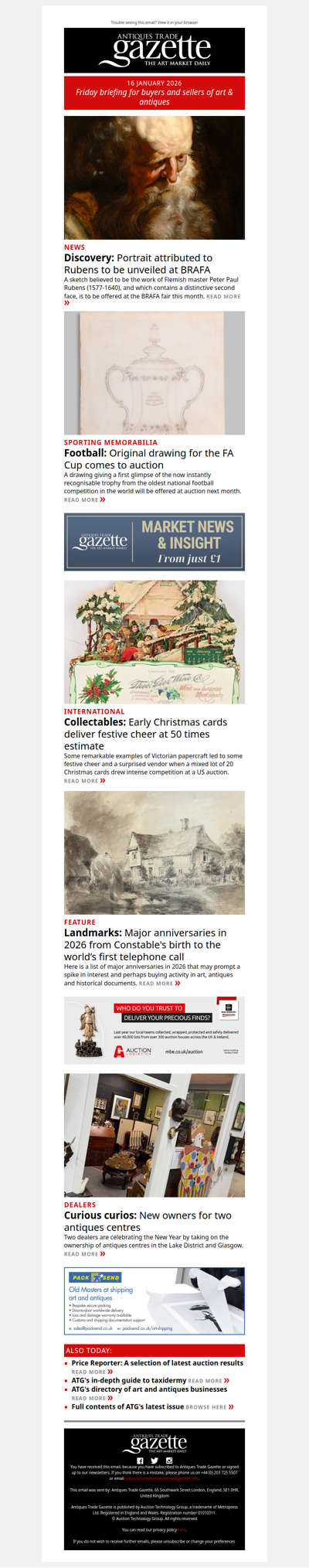 Victorian Christmas cards make 50 times estimate | Dealer unveils Rubens rediscovery | Original drawing for the FA Cup comes to auction | plus more news and features in ATG's morning briefing