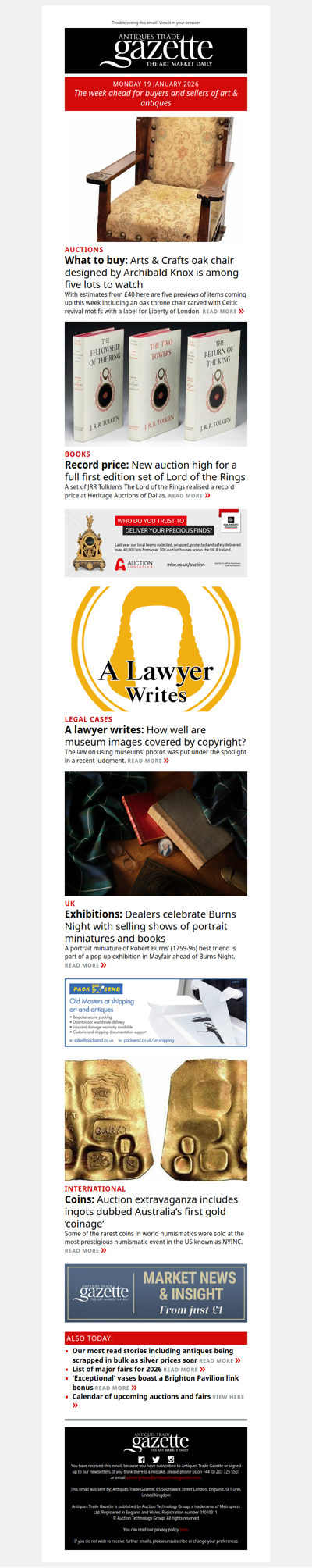 Top lots to watch this week | Record price for a Lord of the Rings first edition set | Major coin rarities sold at NYINC | plus more news and features in ATG's Monday briefing