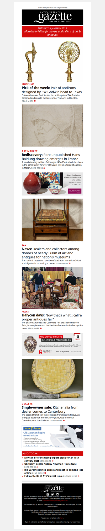 US museum buys Godwin andirons discovered in antiques centre | Rediscovered 16th century drawing comes to auction | Tax deals with dealers and collectors boost museums | plus more news and features in ATG's morning briefing