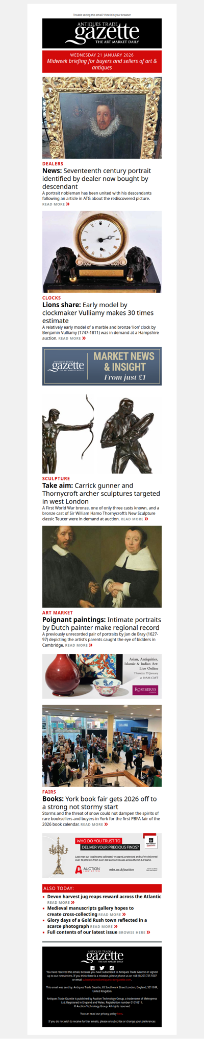 Early Vulliamy clock makes 30 times estimate | Rediscovered Old Master portrait sells to sitter’s descendant | York book fair gets off to a strong start | plus more news and features in ATG's midweek briefing