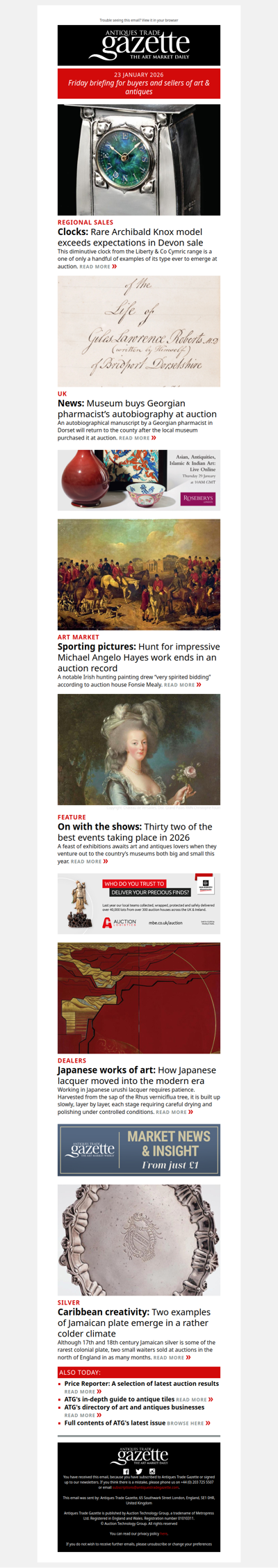 Rare Archibald Knox clocks exceeds expectations | Museum buys Georgian pharmacist’s autobiography at auction | Spirited bidding for major Irish hunting scene | plus more news and features in ATG's Friday briefing