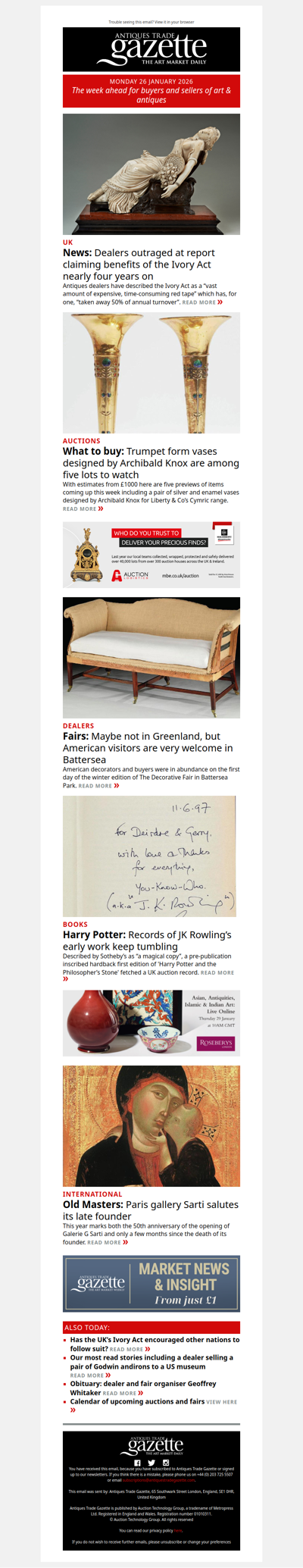 Dealer fury at report on Ivory Act benefits | Top lots to watch this week | Early sales at the latest Battersea Decorative fair | plus more news and features in ATG's Monday briefing