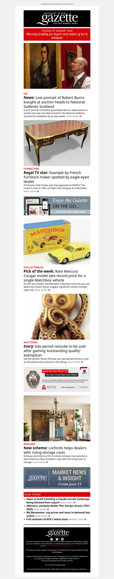 Buyer of lost Burns portrait loans it to Scottish museum | Dealer offers bureau plat spotted on The Crown | Record price for Matchbox vehicle | plus more news and features in ATG's morning briefing