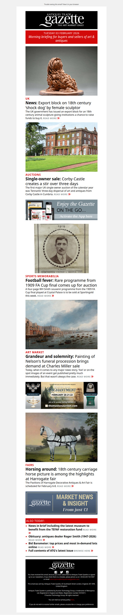 18th century dog sculpture blocked from export | Corby Castle sale creates a stir | Rare 1909 FA Cup final programme comes to auction | plus more news and features in ATG's morning briefing