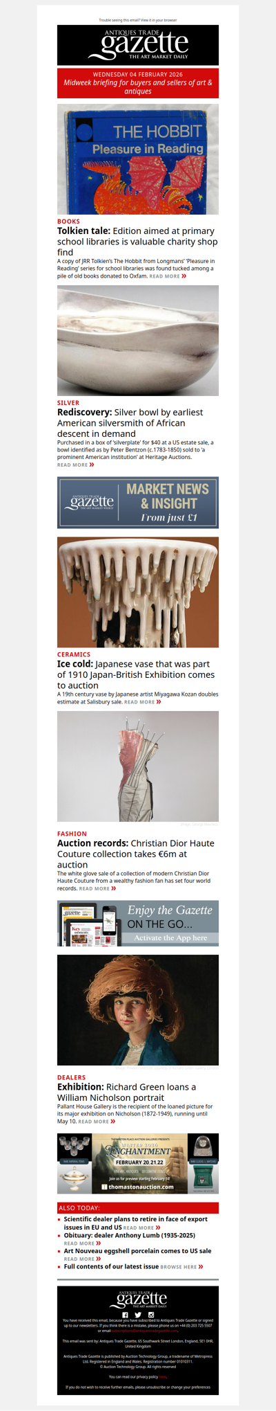 Rare copy of The Hobbit found in Oxfam donation | Rediscovery of silver bowl by earliest American silversmith of African descent | Christian Dior auction sets multiple records | plus more news and features in ATG's midweek briefing