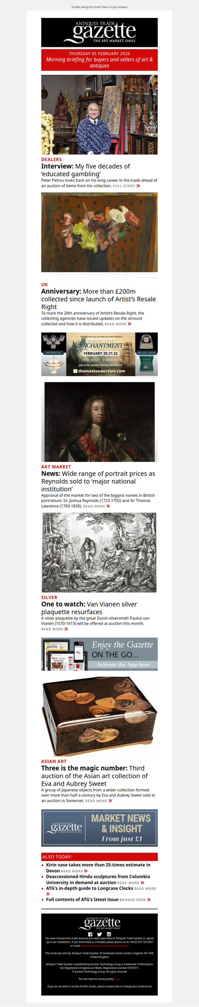 Peter Petrou on five decades in the trade | £200m collected since launch of Artist’s Resale Right | Silver plaquette by Dutch great comes to market | plus more in ATG's morning briefing