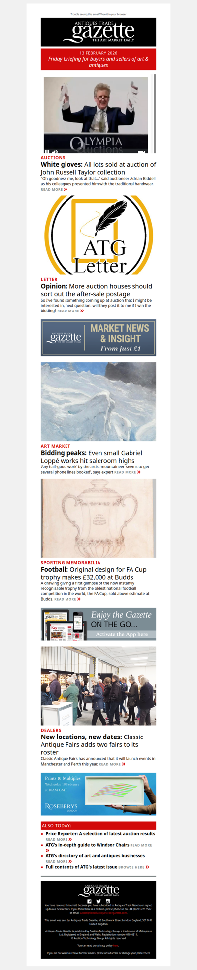 Opinion: More auction houses should arrange postage | White glove sale for art critic’s collection | Original design for FA Cup trophy brings demand | plus more news and features in ATG's Friday briefing