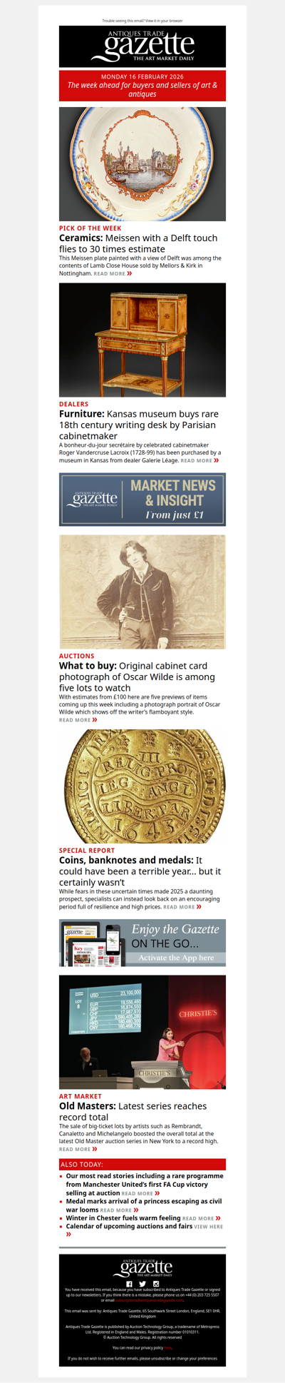 Meissen plate flies to 30 times estimate | Top lots to watch this week | Dealer sells handsome 18th century writing desk to museum | plus more news and features in ATG's Monday briefing