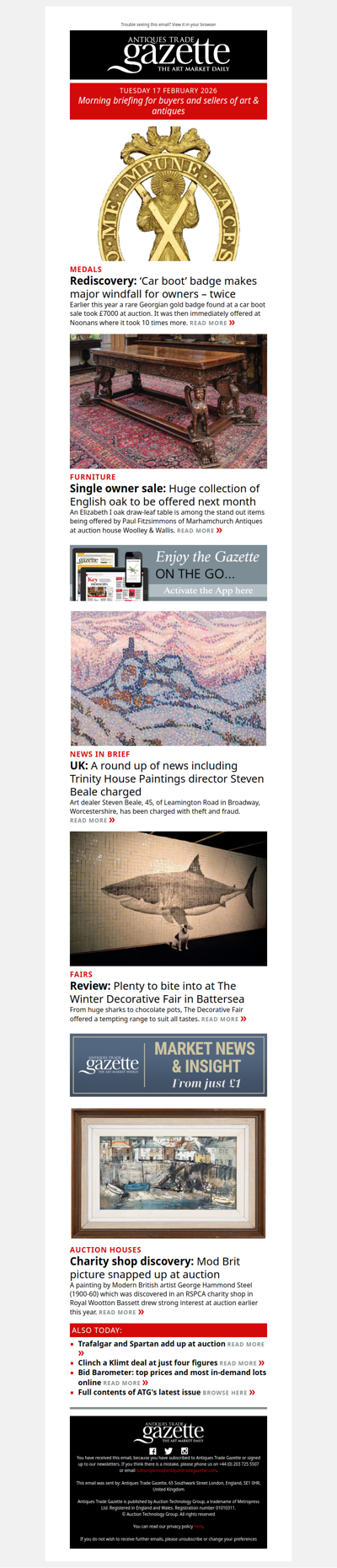 ‘Car boot’ badge makes 10-fold profit for vendor | Mod Brit charity shop find attracts bidders | Single owner sale of early English oak comes to Salisbury | plus more news and features in ATG's morning briefing