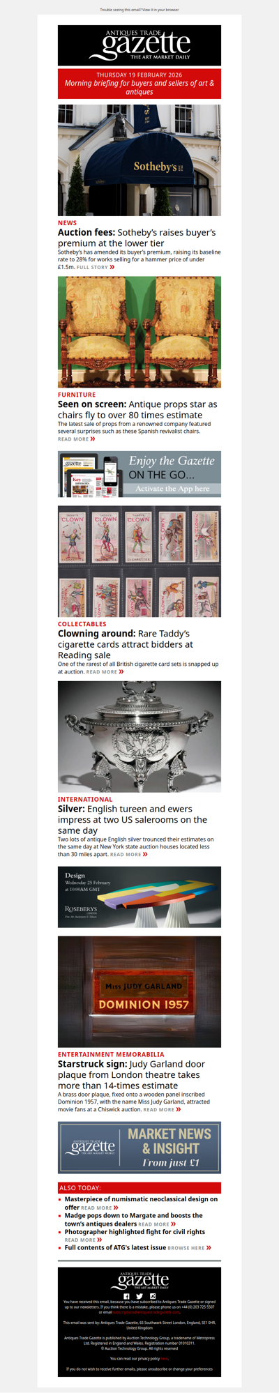 Sotheby’s raises buyer’s premium | Antique props become star of the auction show | English silver shines at US sales | plus more in ATG's morning briefing