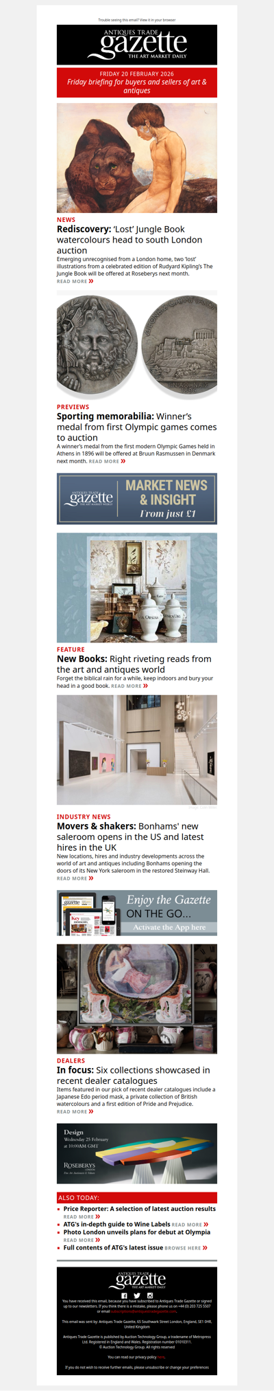 ‘Lost’ original Jungle Book illustrations found in London home | Olympic medal from first modern games comes to auction | Our pick of seven new books | plus more news and features in ATG's Friday briefing