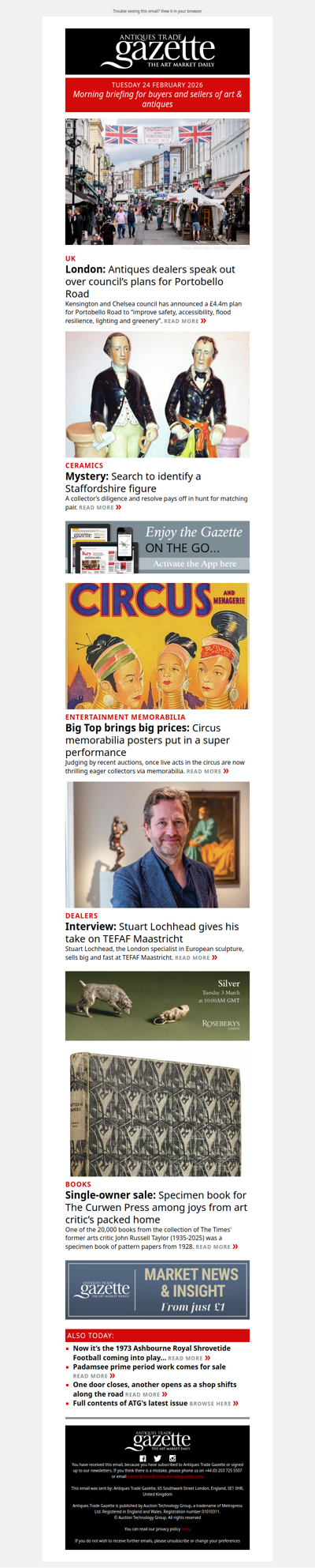 Dealers speak out over council’s Portobello Road plans | Staffordshire figure mystery solved | Interview with sculpture specialist Stuart Lochhead | plus more news and features in ATG's morning briefing