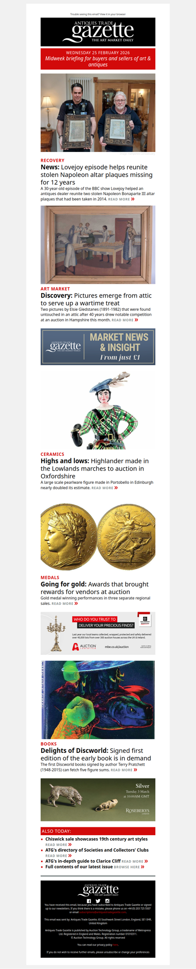 Lovejoy episode helps recover stolen plaques | Wartime art emerges from attic | Gold medals shine at regional auctions | plus more news and features in ATG's midweek briefing