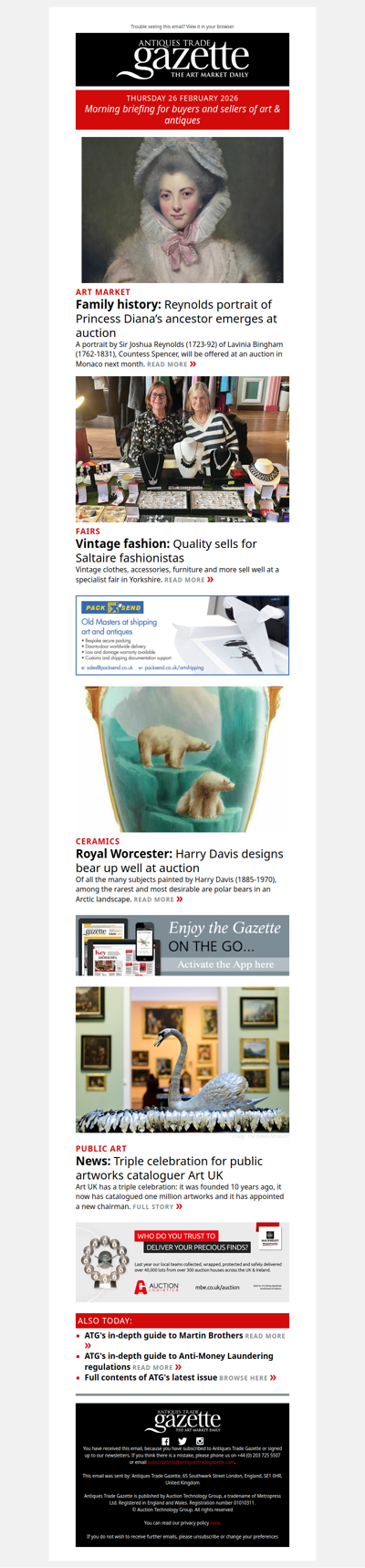 Reynolds portrait of Princess Diana’s ancestor emerges at auction | Harry Davis designs for Royal Worcester bear up well | Triple celebrations for Art UK | plus more in ATG's morning briefing