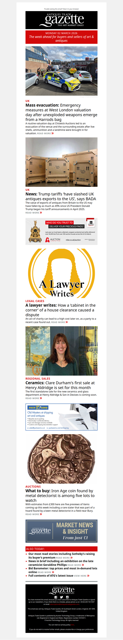 Emergency after unexploded landmine discovered at valuation day | Trump’s tariffs hit UK antiques exports | Top lots to watch this week | plus more news and features in ATG's Monday briefing