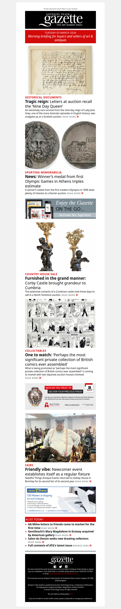 Rare letter from Lady Jane Grey’s reign emerges at auction | Medal from first Olympics triples estimate | ‘Most significant private collection of British comics ever assembled’ comes for sale | plus more news and features in ATG's morning briefing