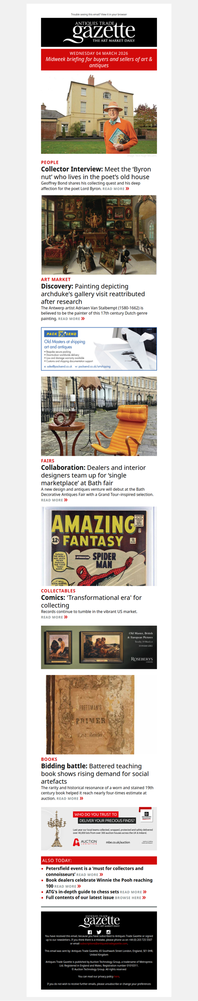 Meet the Byron collector who lives in the poet’s old house | Dutch Old Master reattributed and offered at auction | Dealers and interior designers team up in Bath | plus more news and features in ATG's midweek briefing