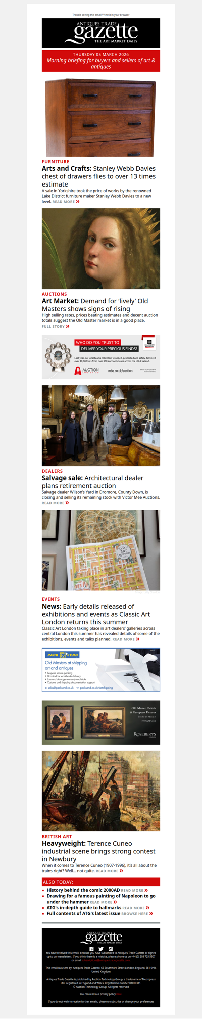 Arts and Crafts furniture sparks bidding battle | Rising demand for ‘lively’ Old Masters | Retirement sale for salvage dealers | plus more in ATG's morning briefing