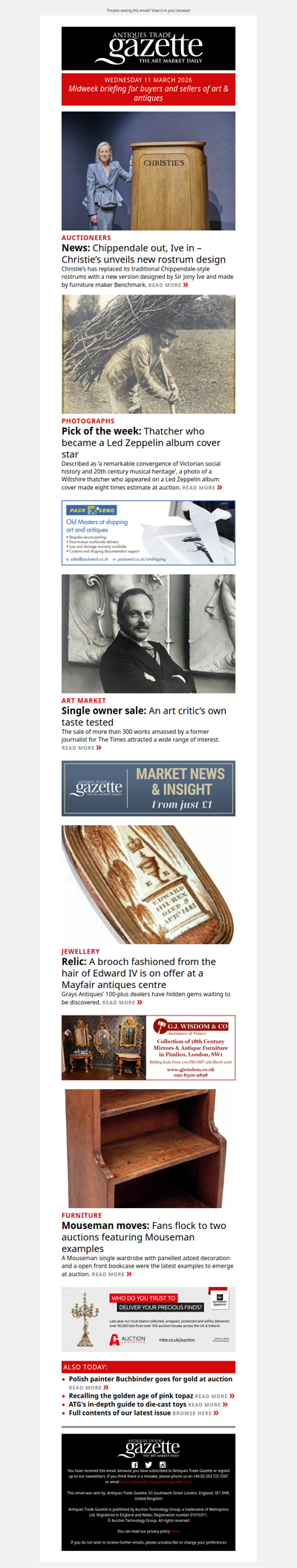 Christie’s replaces Chippendale style rostrums | Mouseman furniture attracts more bidders | Led Zeppelin album cover star emerges at auction | plus more news and features in ATG's midweek briefing