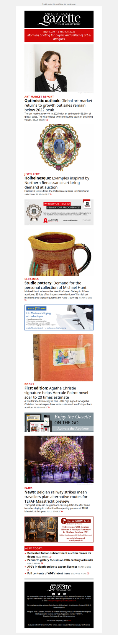 Global art and antiques sales return to growth | Agatha Christie signature lifts book to 20 times estimate | ‘Holbeinesque’ jewels in demand at auction | plus more in ATG's morning briefing