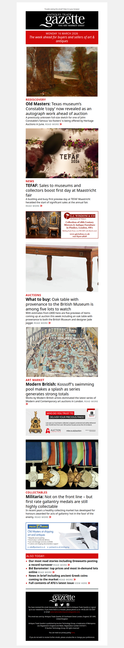 Rediscovered Constable heads to auction | What sold early on at TEFAF Maastricht? | Top lots to watch this week | plus more news and features in ATG's Monday briefing