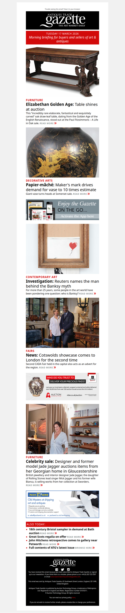 Elizabethan table in demand at oak sale | Reuters reveals Banksy’s identity | Cotswold dealers head to London for annual fair | plus more news and features in ATG's morning briefing
