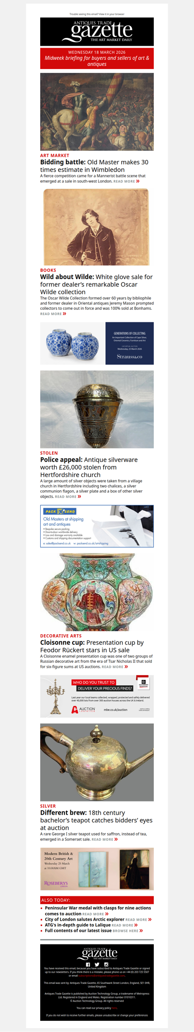 Old Master brings fierce competition in Wimbledon | Valuable antique silverware stolen from church | Remarkable Oscar Wilde collection takes four times estimate | plus more news and features in ATG's midweek briefing