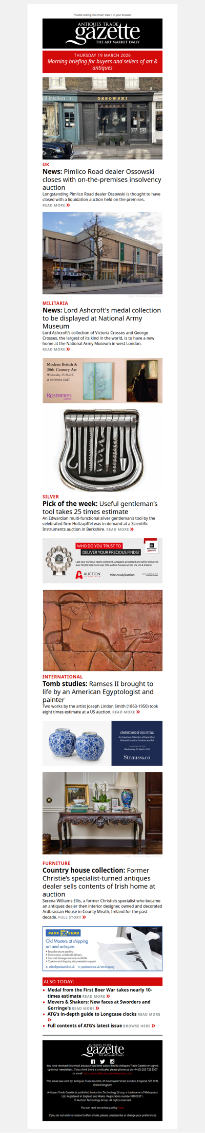 Pimlico Road dealer’s stock sold in insolvency auction | Silver tool takes 25 times estimate | Lord Ashcroft’s medal collection finds new home | plus more in ATG's morning briefing