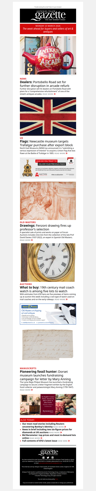 Portobello Road set for further disruption | Newcastle museum targets Trafalgar flag after export block | Top lots to watch this week | plus more news and features in ATG's Monday briefing