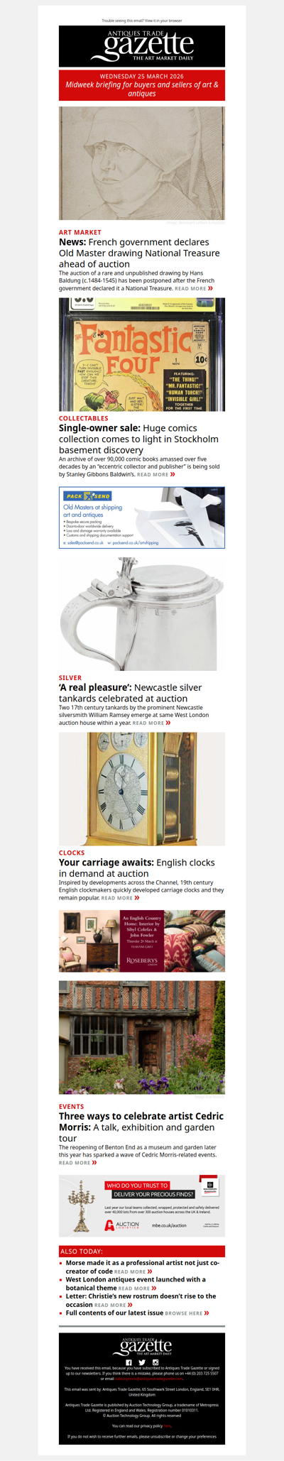 French government postpones important drawing sale | Vast comic books collection discovered in basement | 17th century silver tankard shines at Chiswick sale | plus more news and features in ATG's midweek briefing