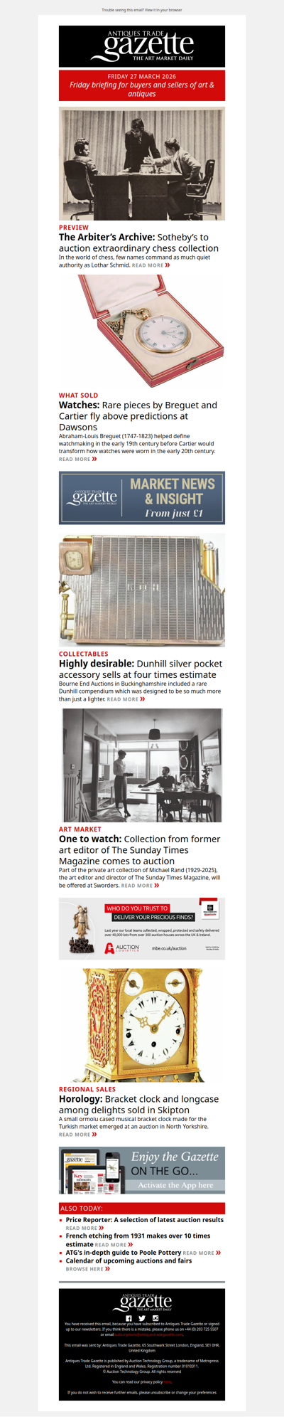 Rare watches by Breguet and Cartier fly above estimate | Sotheby’s to auction extraordinary chess collection | Former The Sunday Times art editor’s pictures to be sold | plus more news and features in ATG's Friday briefing