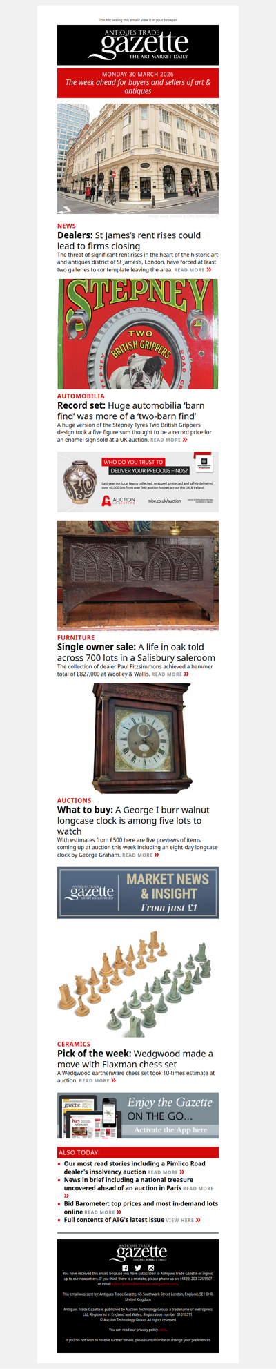 St James’s rent rises could lead to firms closing | Record for an enamel sign sold at a UK auction | Top lots to watch this week | plus more news and features in ATG's Monday briefing