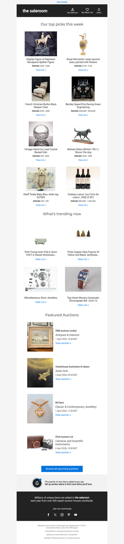 The latest view of Tuesday’s featured lots