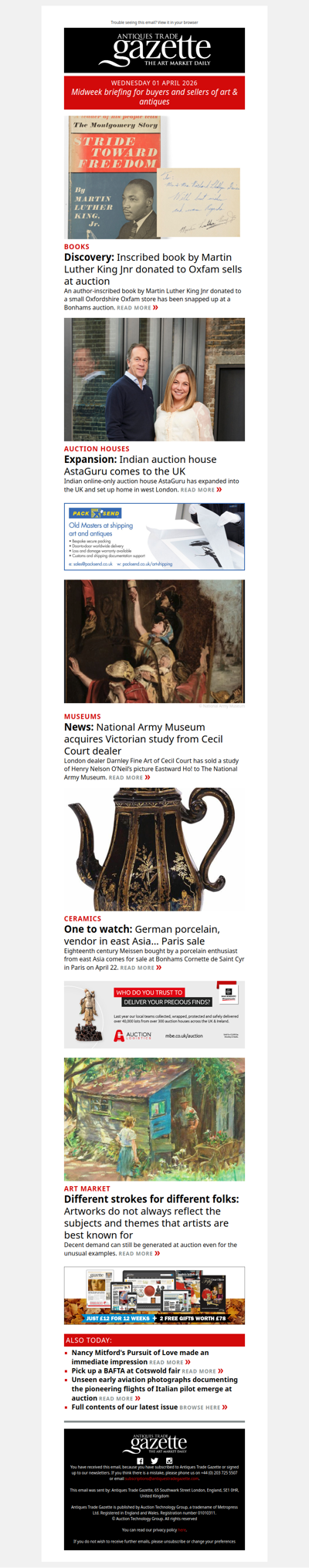 Martin Luther King Jnr signed book donated to Oxfam snapped up at auction | Indian auction house AstaGuru comes to the UK | 18th century Meissen collection comes to market | plus more news and features in ATG's midweek briefing