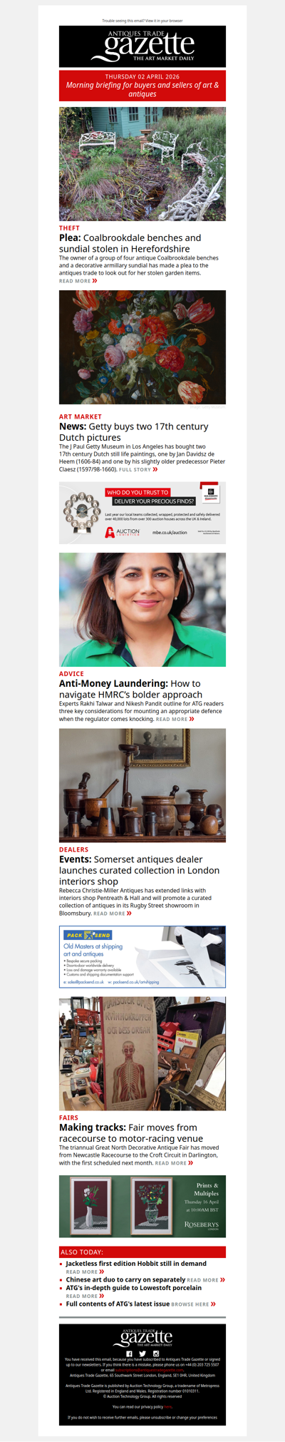 Plea to find stolen Coalbrookdale benches | Getty snaps up two 17th century Dutch still life paintings | Advice on how to deal with Anti-Money Laundering rules | plus more in ATG's morning briefing