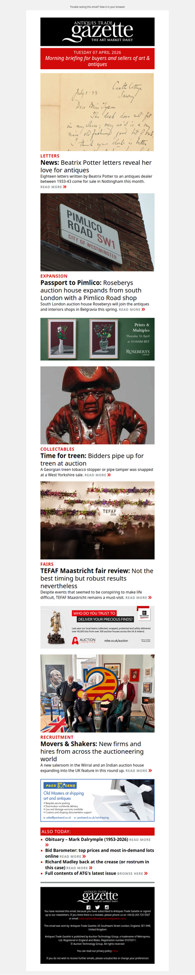 Beatrix Potter letters reveal her love for antiques | Roseberys expands into Pimlico | Georgian treen in demand at auction | plus more news and features in ATG's morning briefing