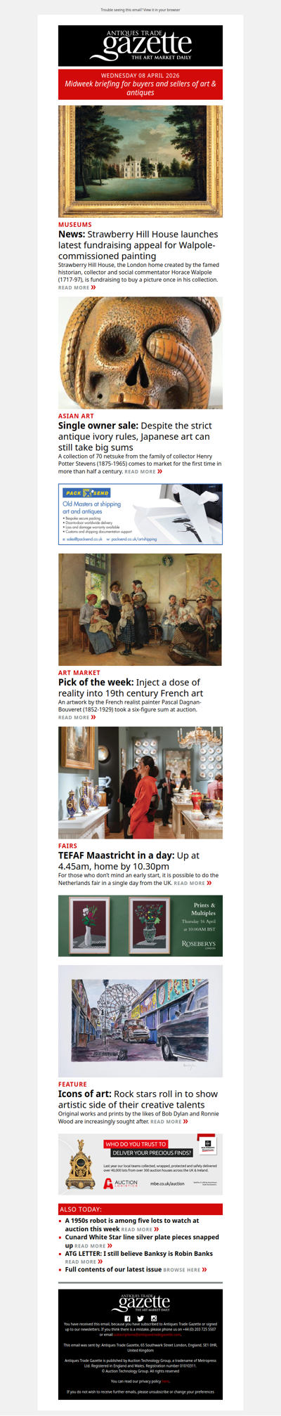 Fundraising plea for Strawberry Hill House | Netsuke collection in demand at Norfolk auction | Early bird day trip to TEFAF Maastricht | plus more news and features in ATG's midweek briefing