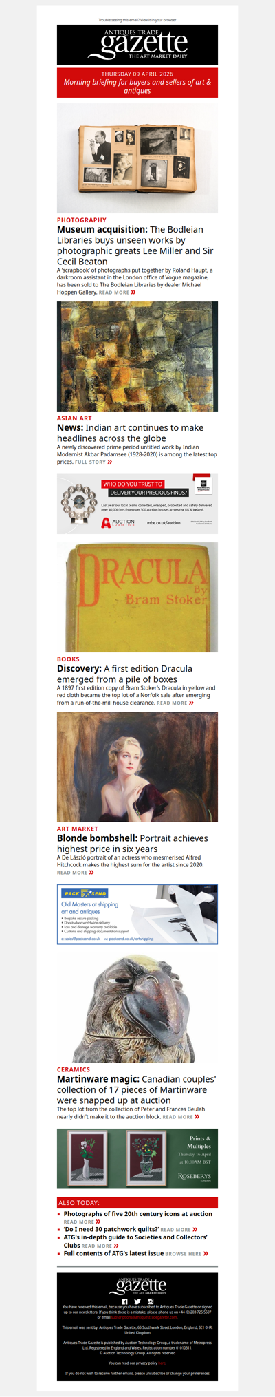 Bodleian buys unseen Miller and Beaton photo album | Dracula first edition emerges from house clearance | Top prices for Indian art | plus more in ATG's morning briefing