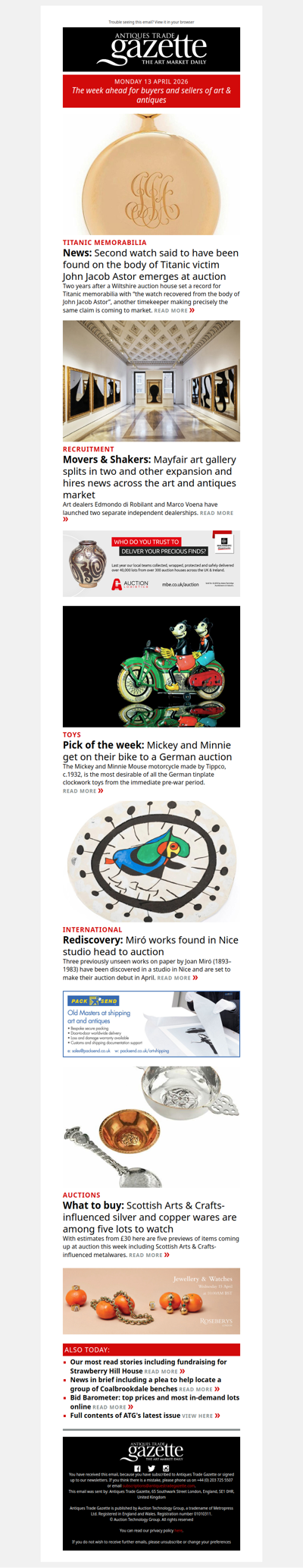Second watch said to have been found on body of Titanic victim John Jacob Astor emerges at auction | Rare Mickey and Minnie on a bike appear in Germany | Top lots to watch this week | plus more news and features in ATG's Monday briefing