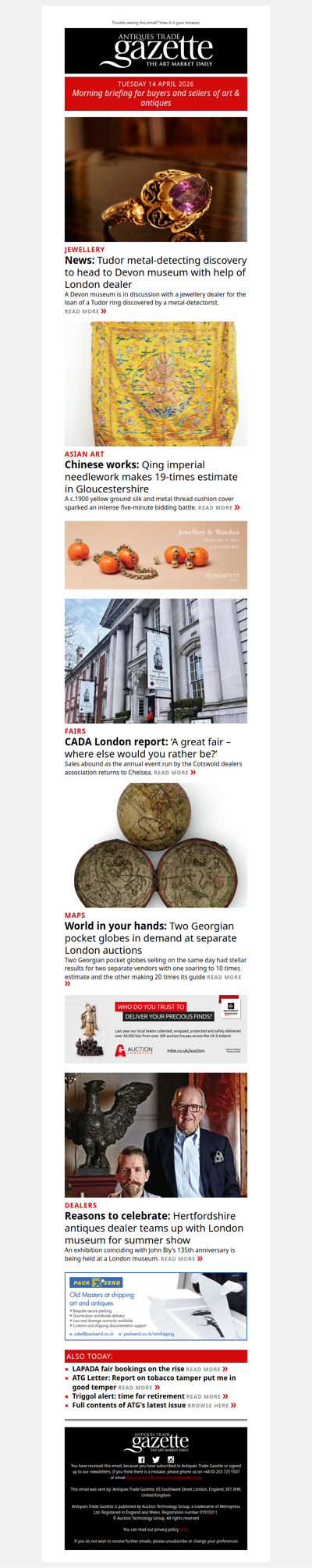 Tudor metal-detecting discovery heads to museum | Chinese silk cushion takes 19-times estimate | John Bly Antiques celebrates 135 years in style | plus more news and features in ATG's morning briefing